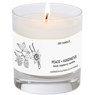 Peace + Kindness Soy Candle 8 oz Tumbler. Hand-sketched design