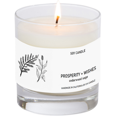 Prosperity + Wishes Soy Candle 8 oz Tumbler. Hand-sketched design label.