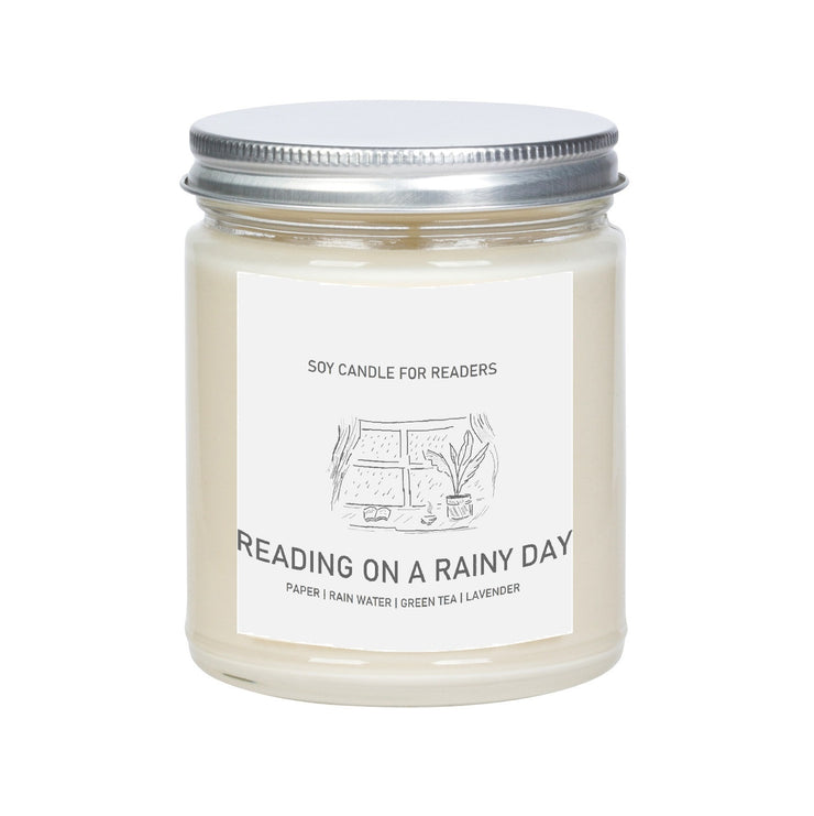 Reading On A Rainy Day 8 oz Glass Jar Literary Soy Candle for Readers