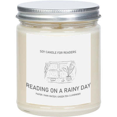 Reading On A Rainy Day 8 oz Glass Jar Literary Soy Candle for Readers