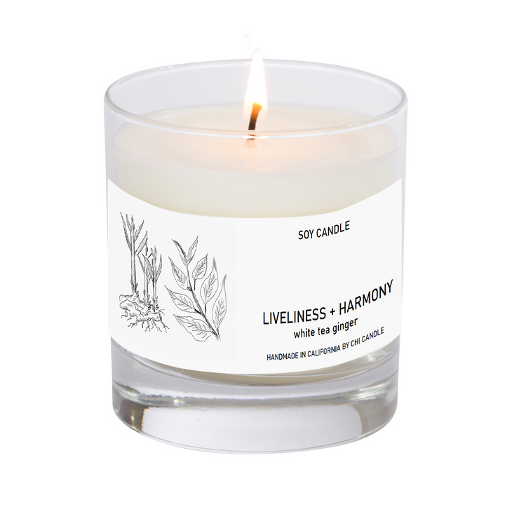 Liveliness + Harmony Soy Candle 8 oz Tumbler. Hand-sketched design label.
