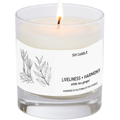 Liveliness + Harmony Soy Candle 8 oz Tumbler. Hand-sketched design label.